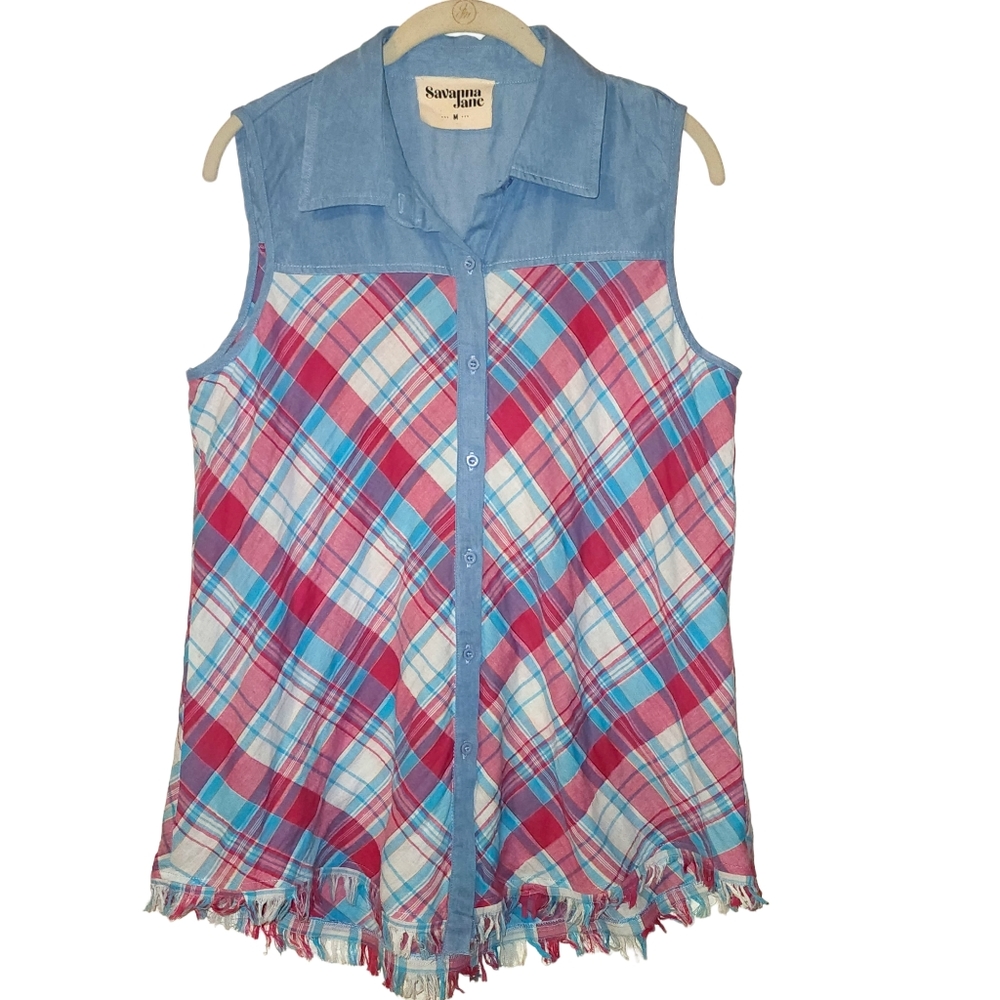 Savanna Jane Raine Top-Denim Plaid Embellished with Embroidery in Back